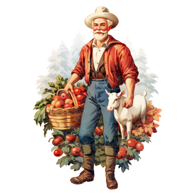 Vintage farm christmas farmer holding apple basket with white goat, florals, pine trees, Grey Barn Handwerk, Saskatchewan.